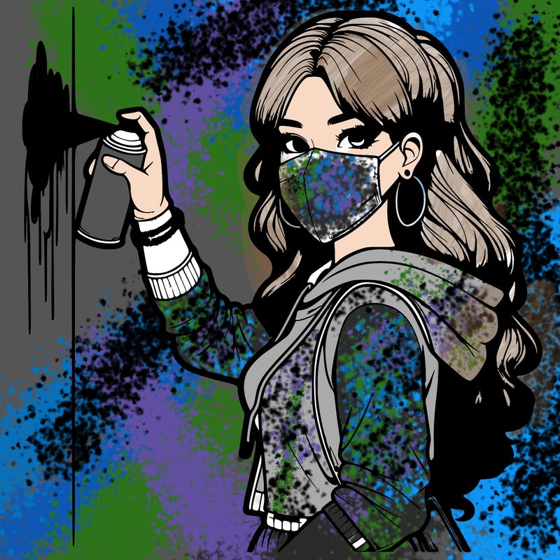 realistic girl with mask spray painting a wall