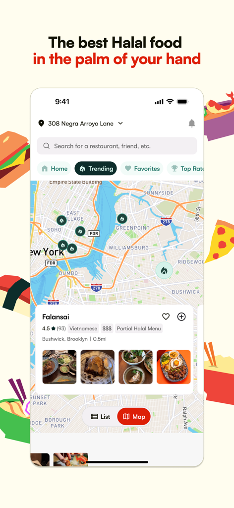 Mobile app interface of Zabihah showing a map of halal restaurants and a restaurant details card.