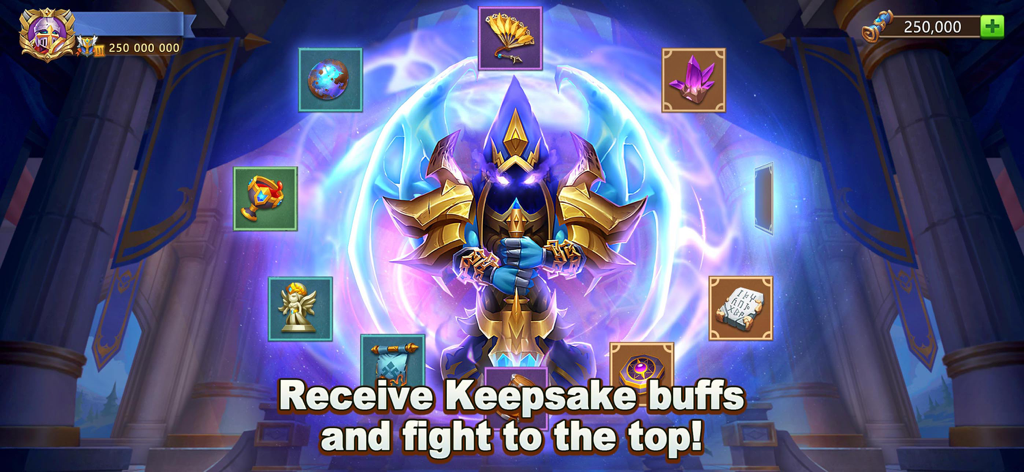 Un héroe encapuchado con armadura dorada rodeado de iconos de mejora de recuerdos en Castle Clash