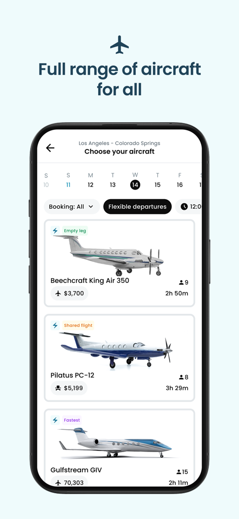 Airble-App-Bildschirm, der verschiedene private Flugzeugoptionen wie Beechcraft und Gulfstream für eine Charterflugbuchung anzeigt.