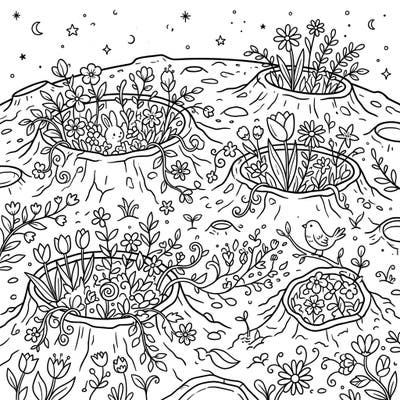 Discover a magical coloring page where the moon's surface comes alive with the vibrant beauty of spring flowers. This enchanting design transforms lunar craters into flourishing gardens, complete with adorable wildlife.