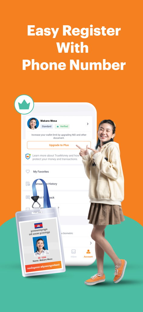 TrueMoney Cambodia - TrueMoney Cambodia mobile app registration screen featuring easy signup with a phone number and user profile details.