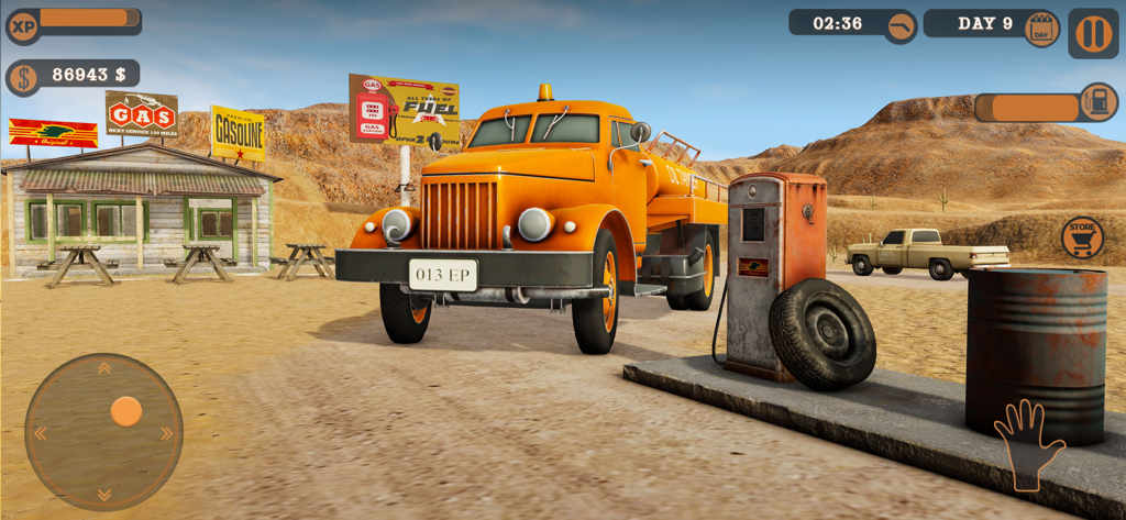 My Gas Station Market Sim - An orange fuel tanker truck parked at a vintage desert gas station with a shop and pump in My Gas Station Market Sim.