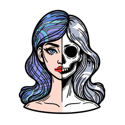 bust of a woman, half face and hair, half skull