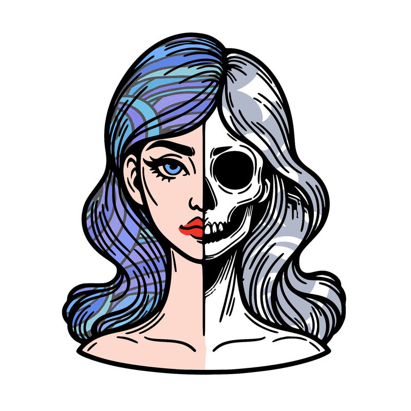 bust of a woman, half face and hair, half skull