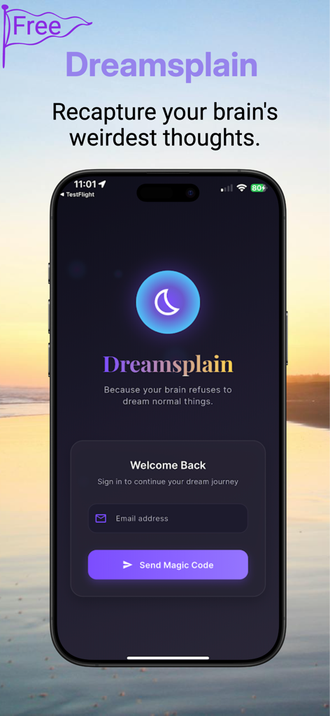 Dreamsplain mobile app welcome screen showing an email login field and Send Magic Code button over a sunset background