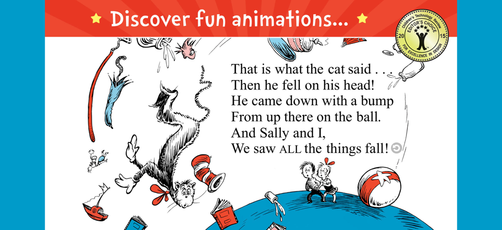 The Cat in the Hat - Interfaz del libro digital de El Gato Ensombrerado que muestra animaciones interactivas y texto con rimas
