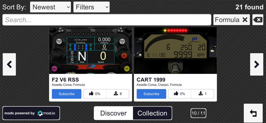 DashPanel - Interfaz de DashPanel mostrando diseños de dashboard creados por la comunidad para simuladores de carreras