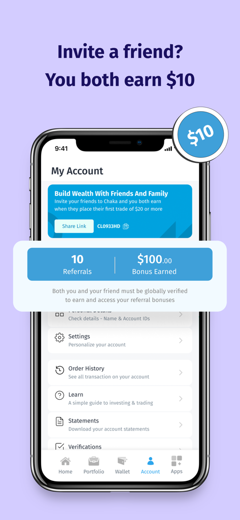 Chaka- Invest & Trade Globally - Chaka investment app screen showing the invite a friend referral program with cash rewards and account settings