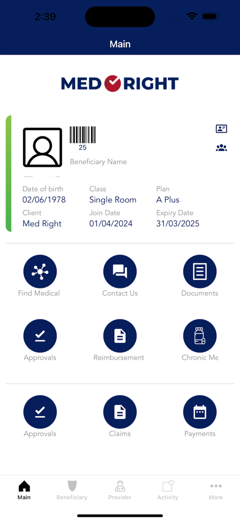 MedRight for Medical Services - The main dashboard of the MedRight app featuring a digital beneficiary card and quick access icons for healthcare services.