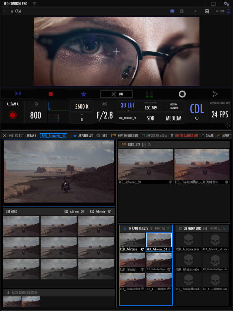 RED control pro - RED Control Pro app interface showing professional camera settings and 3D LUT management library.