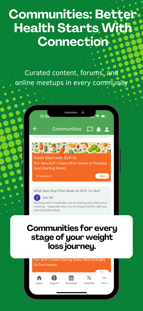 A Pound of Cure - Pantalla de comunidades de la aplicación A Pound of Cure que muestra grupos de apoyo para la pérdida de peso y foros de discusión