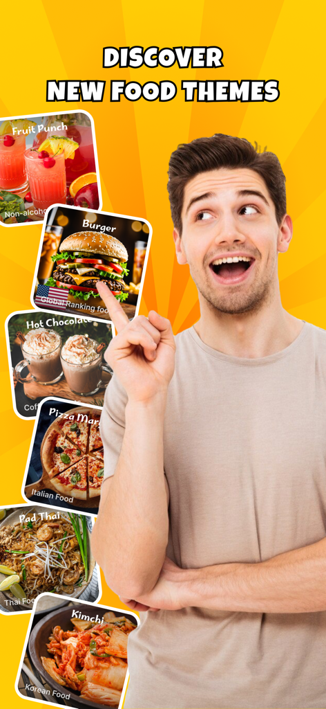 Food Challenge: Funny Filter - An excited young man pointing at various global food theme options like burger pizza and pad thai in the Food Challenge app interface