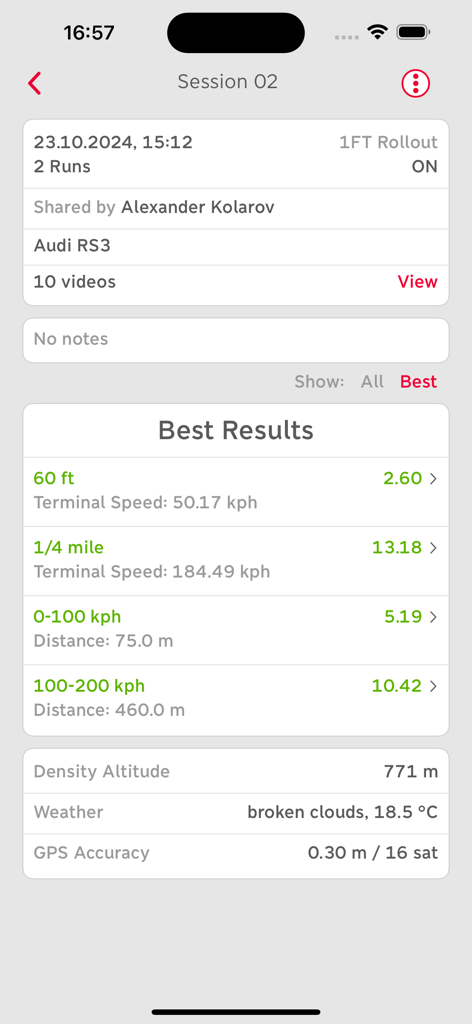 RaceBox - RaceBox app displaying drag racing performance results for an Audi RS3 including quarter mile time and 0-100 kph acceleration