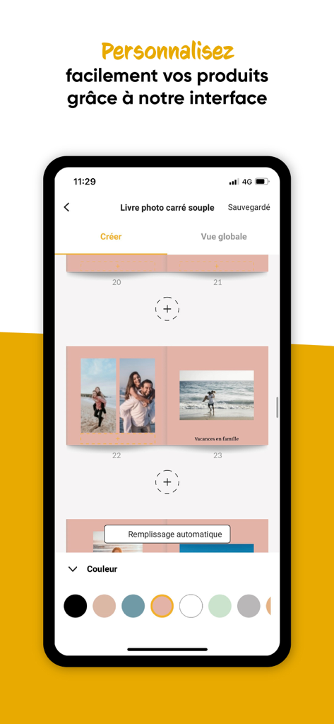 Interface de l'application Fnac Photo montrant la création d'un livre photo carré avec des photos personnelles et un outil de sélection de couleurs