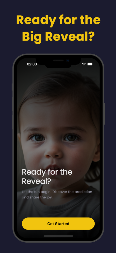 Welcome screen of the Nubula baby gender predictor app featuring the question Ready for the Big Reveal and a Get Started button