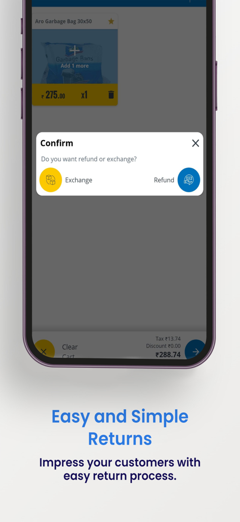 Interfaz de la aplicación Just Billing POS que muestra las opciones de devolución y reembolso al cliente