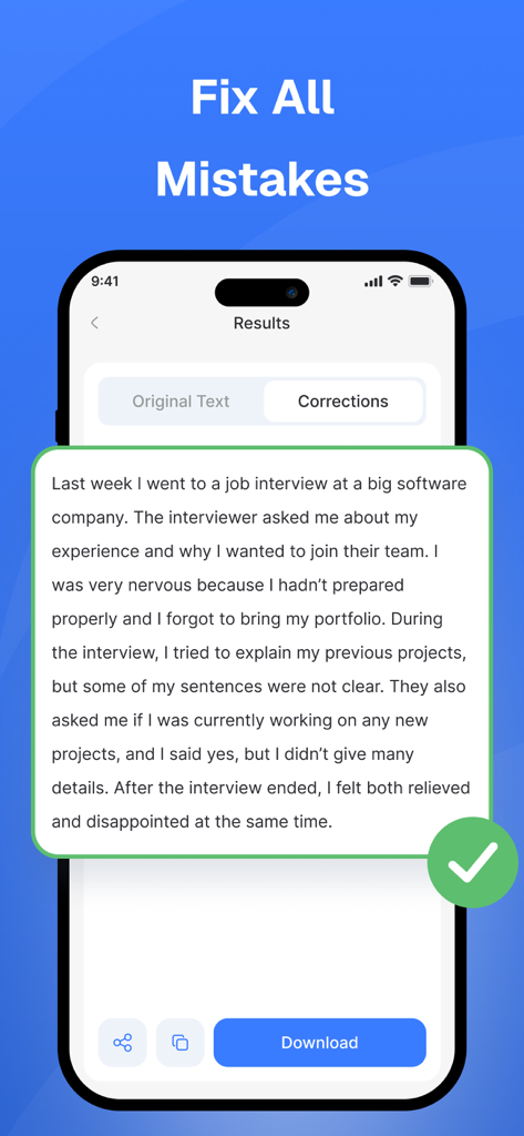 AI Grammar Check: Corrector - AI文法チェックアプリで、修正されたテキストの結果とすべての一時停止を修正するオプションが表示されているスマートフォンの画面