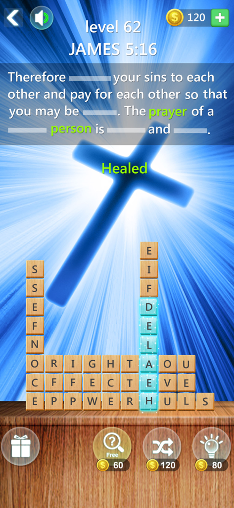 Bible word verse stack puzzle - Gameplay of a Bible word verse stack puzzle featuring James 5 16 scripture and a glowing cross