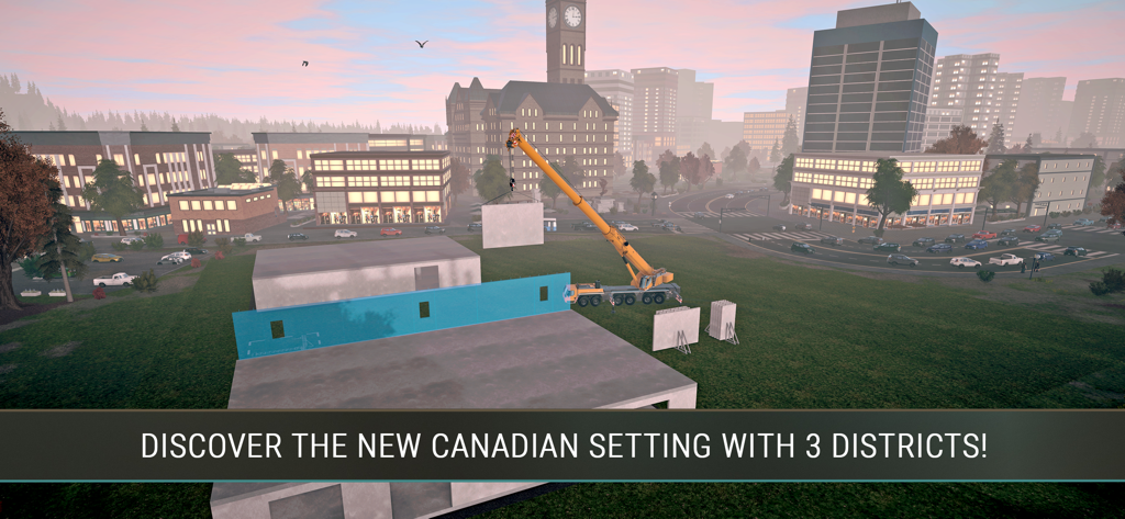 Construction Simulator 4 Lite - A mobile crane lifting a concrete wall section onto a building in a city within the Canadian map of Construction Simulator 4 Lite
