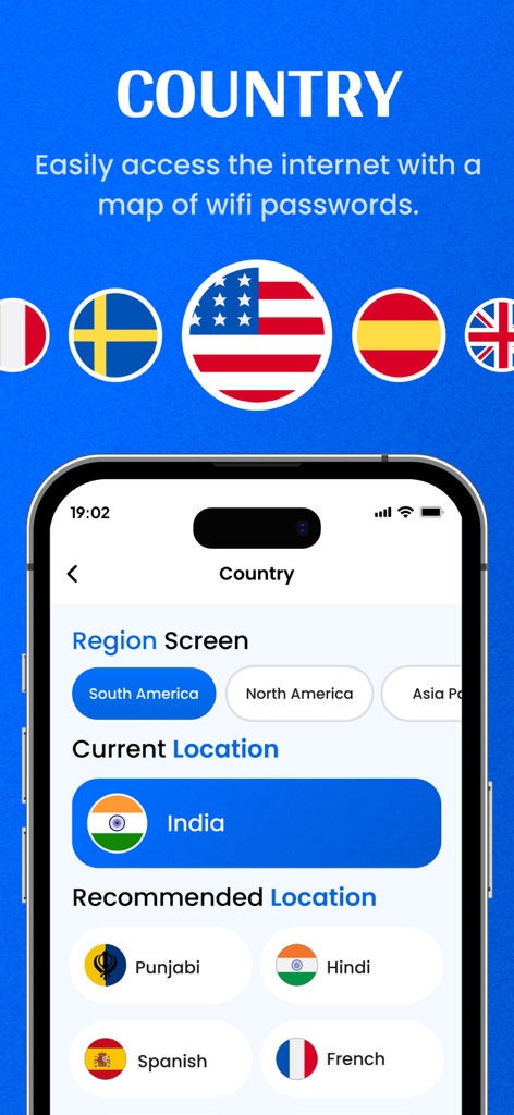WiFi Password Map app interface showing global country and region selection for finding wifi hotspots.