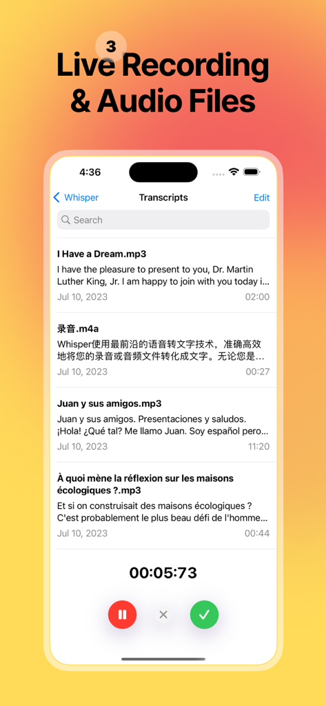 Whisper Transcribe - Dictation - Whisper Transcribe mobile app interface showing a list of transcripts in multiple languages and a live recording in progress.
