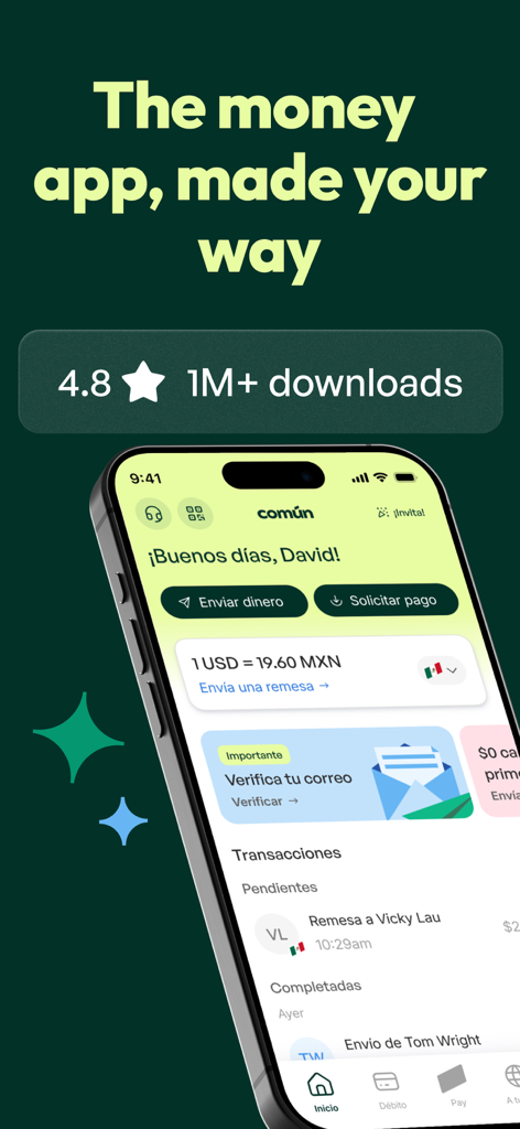 Comun mobile banking app interface in Spanish showing money transfer and exchange rate options