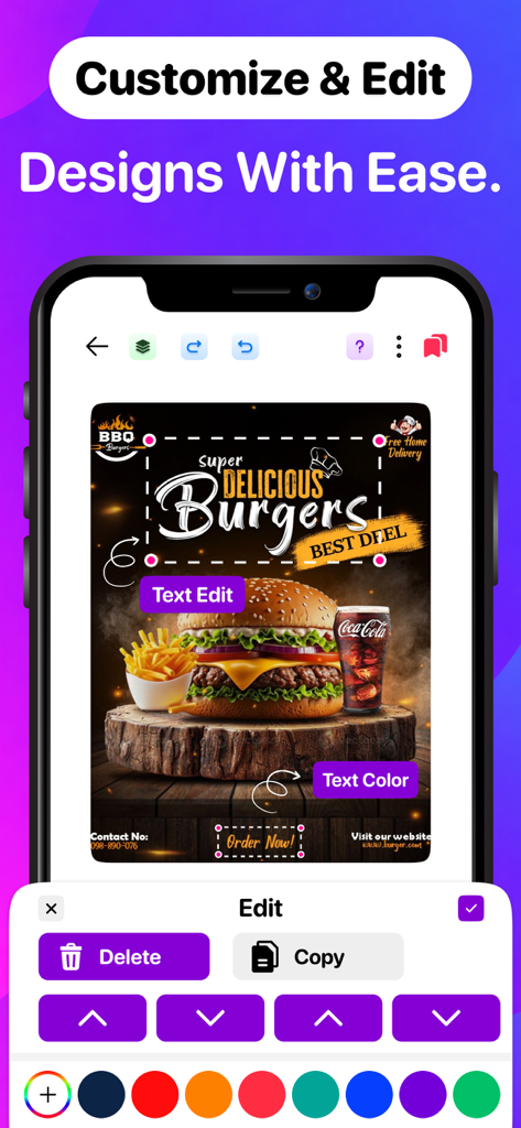 モバイルアプリ画面に、テキストとカラーツールを使ってハンバーガーレストランのフライヤーを編集するユーザーが表示されています。