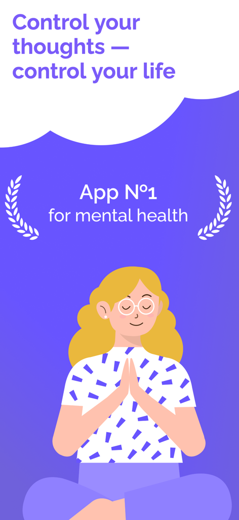 MindHealth: Mental Health CBT - A woman meditating on a purple background with the text Control your thoughts control your life
