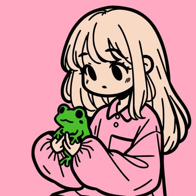 girl with long hair and a oversized shirt. and she is holding a frog