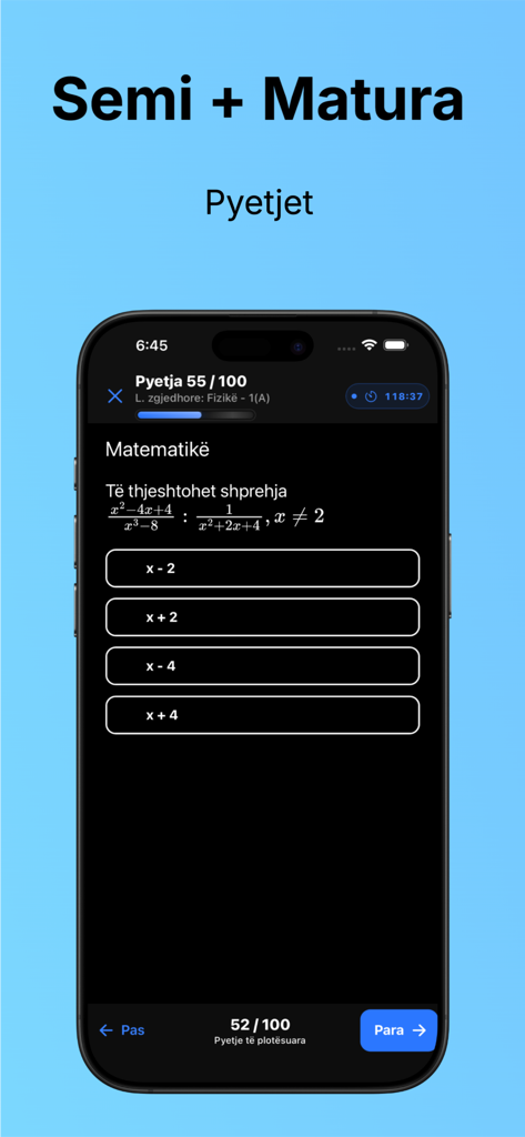 Semi + Matura Kosovë - Mathematics exam question on the Semi plus Matura Kosovë mobile app interface