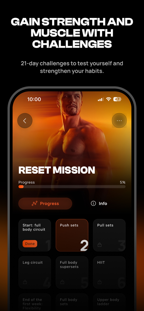 Calisteniapp: Fit & Strong - Calisteniapp-Oberfläche zeigt den Fortschritt der Reset Mission Challenge und Trainingssätze.