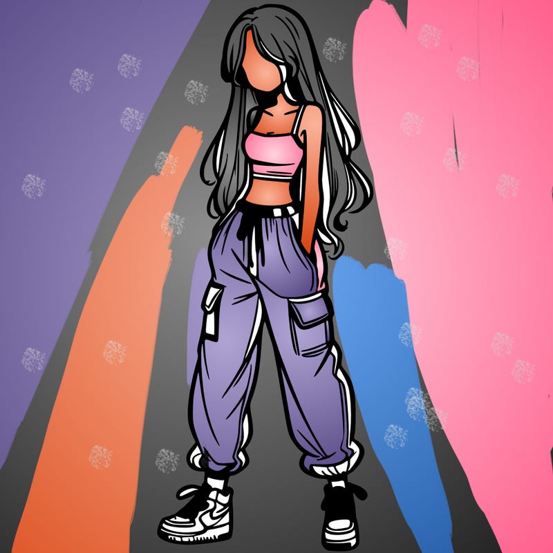 girl in baggy pants crop top and long hair