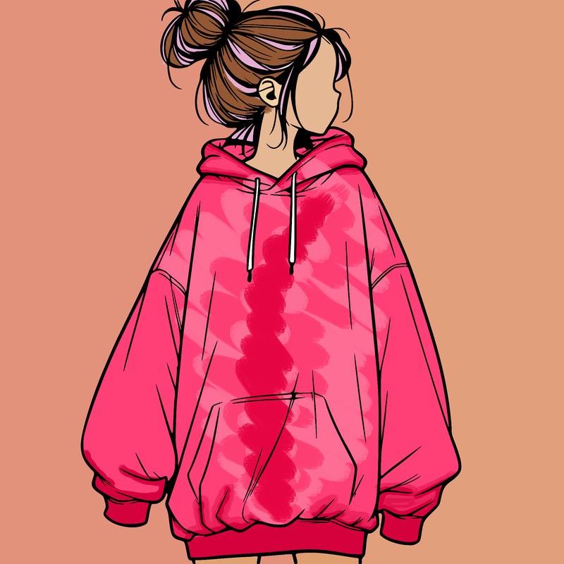 realistic girl with a oversized sweatshirt on and a bun