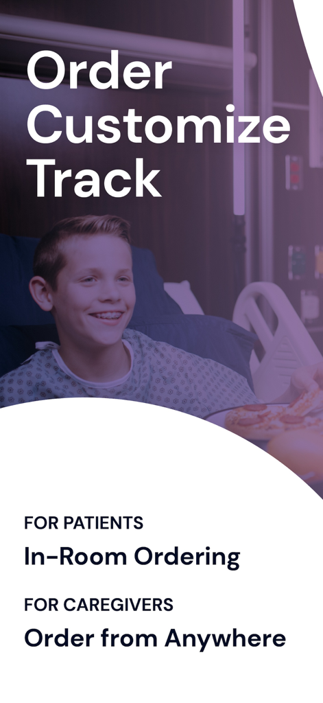 MyMeal by CompassOne - MyMeal app screen showing a patient in a hospital bed with text highlighting in-room ordering for patients and remote ordering for caregivers