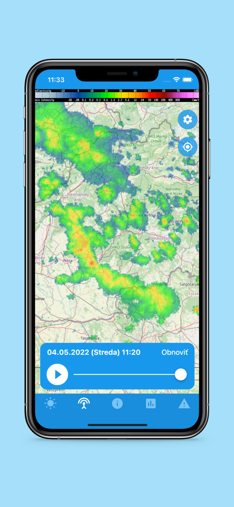 Weather radar showing rain intensity and precipitation over a map in the Aladin app