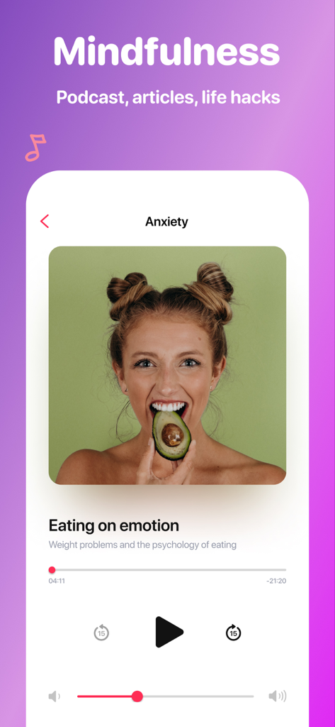 A screenshot of the MomsLab app mindfulness screen featuring a podcast player with a lesson on emotional eating