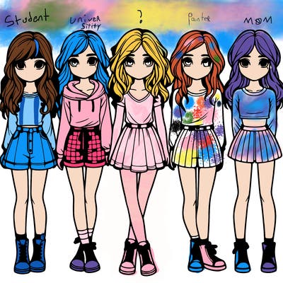 group of 6 realistic girls in a row