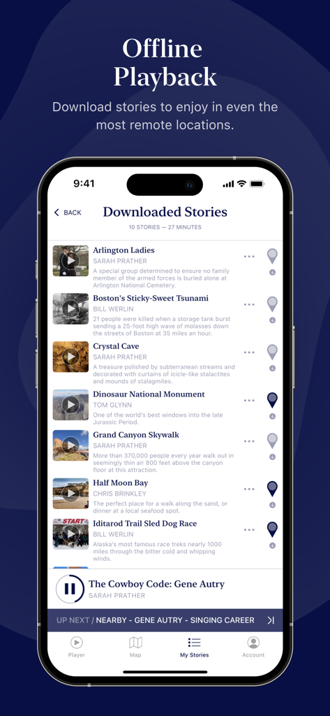 Autio: Road Trip & Travel App - Screenshot of the Autio travel app showing the offline playback screen with a list of downloaded audio stories like Arlington Ladies and Grand Canyon Skywalk.