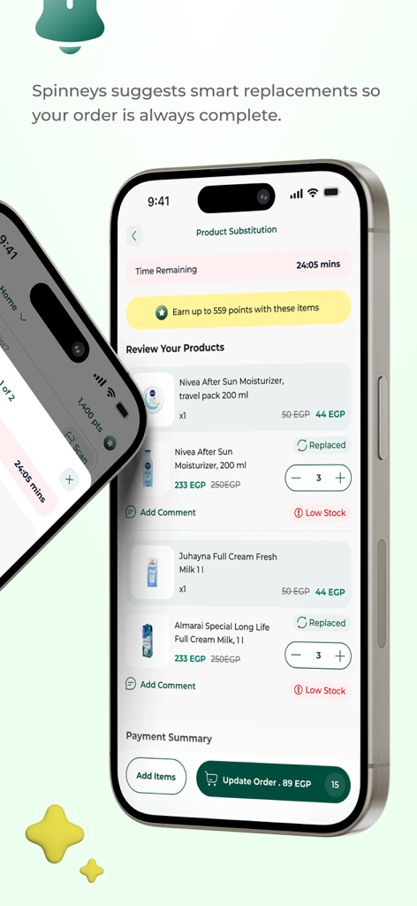 SPINNEYS ONLINE SHOP - スマートフォン画面、Spinneysアプリの食料品注文の製品代替機能を表示