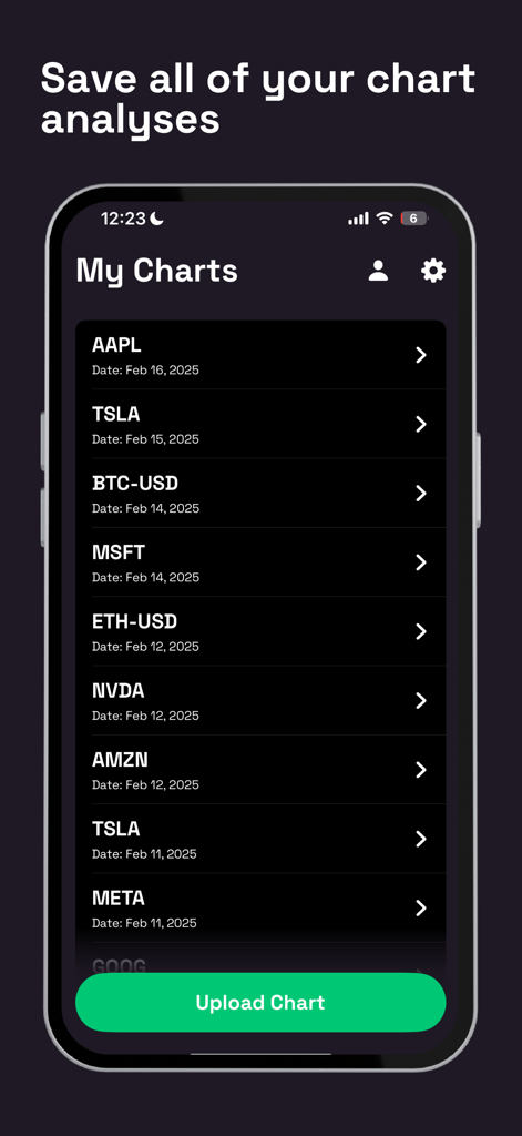 Alpha AI - Trading Assistant - Interface de l'assistant de trading Alpha AI montrant une liste d'analyses de graphiques d'actions et de cryptomonnaies enregistrées.