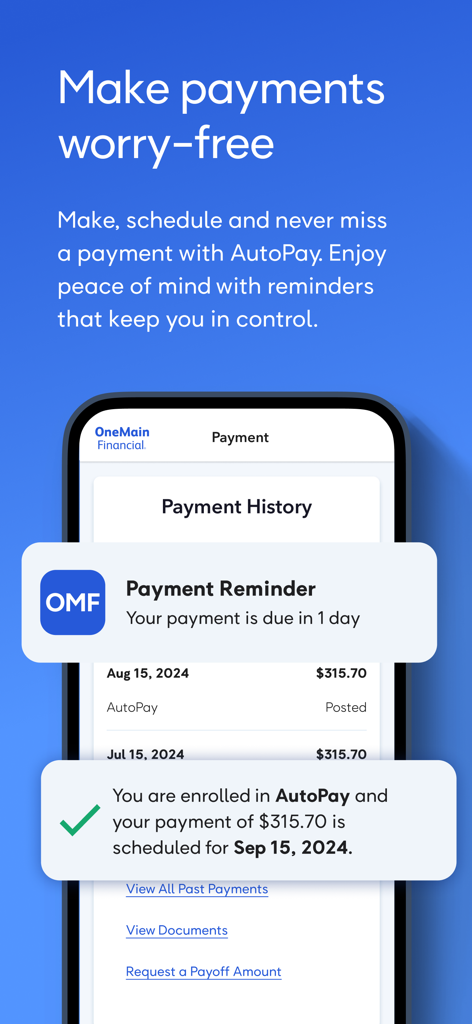 OneMain Financial mobile app screen showing payment history and automatic payment enrollment notifications