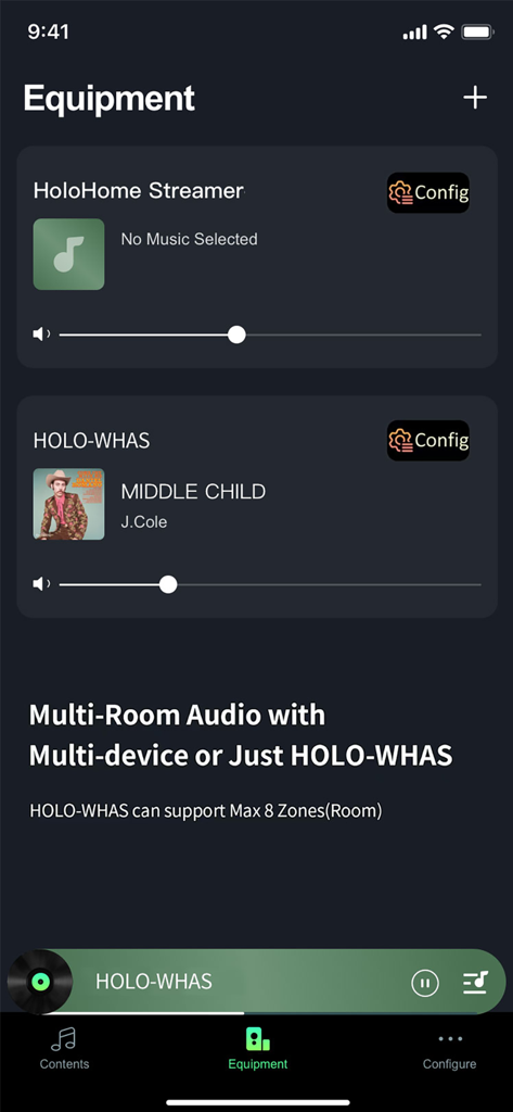 Holo-Home - Equipment dashboard in the Holo-Home app showing multi-room audio setup and connected devices