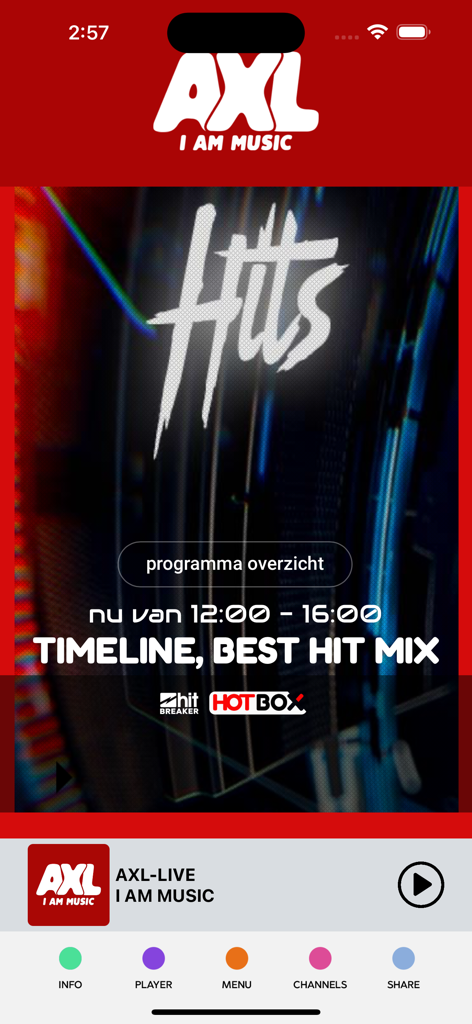 AXL - L'interface de l'application musicale AXL avec un lecteur radio en direct et le programme des tubes