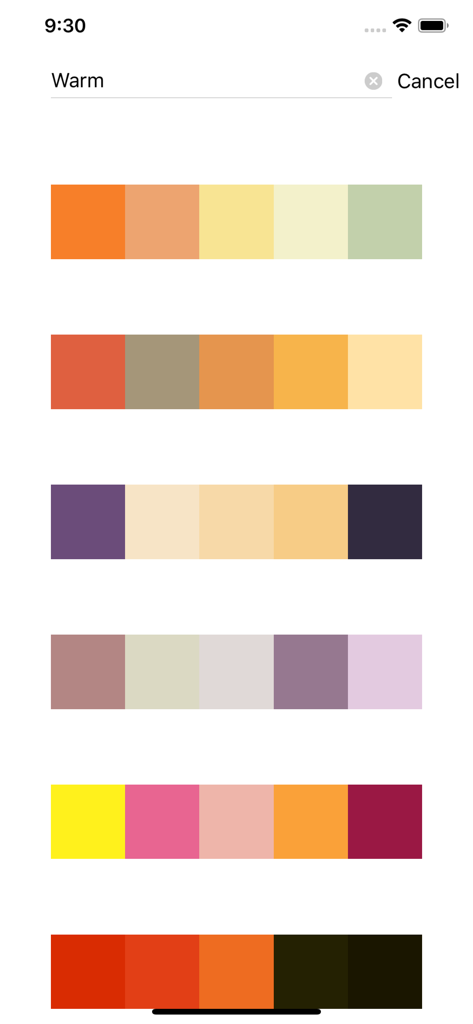 无限色卡-配色无忧 - A search results screen in the Infinite Color Card app showing various warm color palettes with five shades each