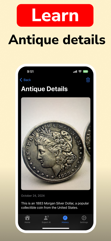 Antique Identifier - Antik - Smartphone screen from Antik app identifying an 1883 Morgan Silver Dollar coin with historical details.