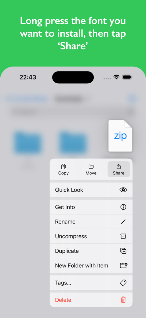 FondFont: Install System Fonts - Instructional screen showing how to share a zip font file for installation in FondFont