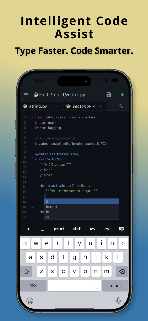Interfaz de la aplicación móvil Python3IDE mostrando autocompletado de código inteligente y sugerencias de sintaxis en la pantalla de un smartphone.