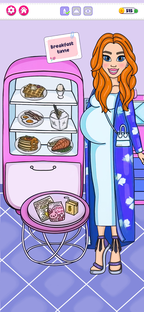 DIY Sweet Paper Doll: Dress Up - Un personaje de muñeca de papel embarazada con un vestido azul parada junto a un refrigerador rosa con artículos de desayuno.