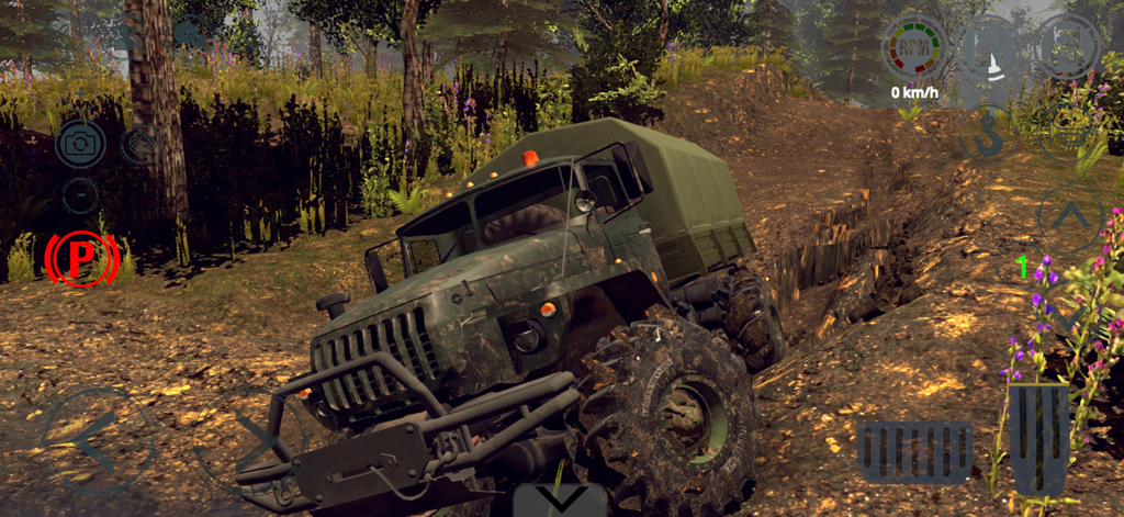 RTHD Offroad online 2025 - Un camión militar verde pesado navegando por una pista de barro profunda en un entorno forestal dentro del juego de simulación RTHD offroad.